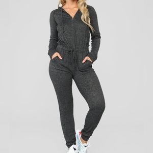 Medium Fashion Nova Chill Zone Hooded Jumpsuit in Charcoal - Preloved